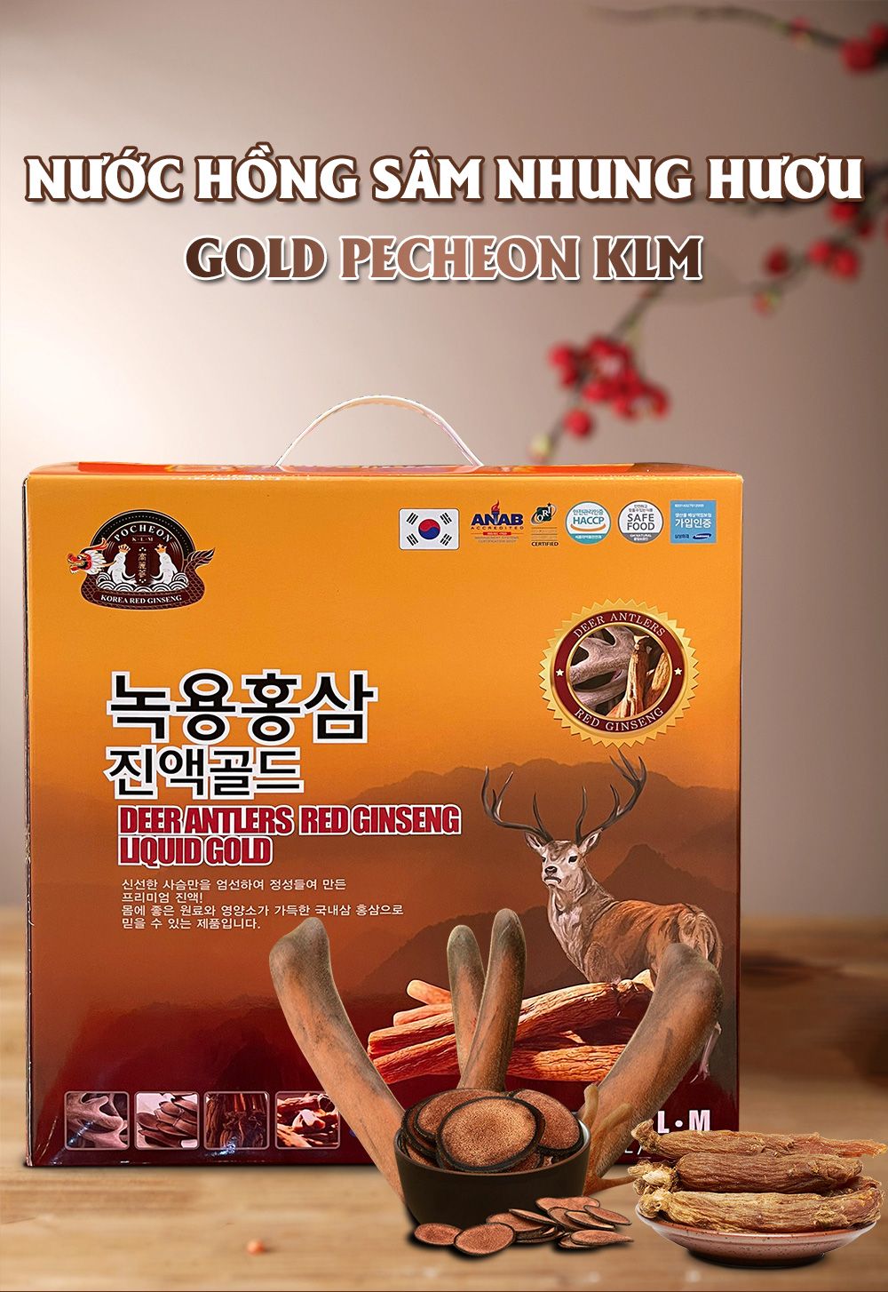 Nước hồng sâm nhung hươu gold Hàn Quốc Pecheon KLM hộp 30 gói NS1020 1
